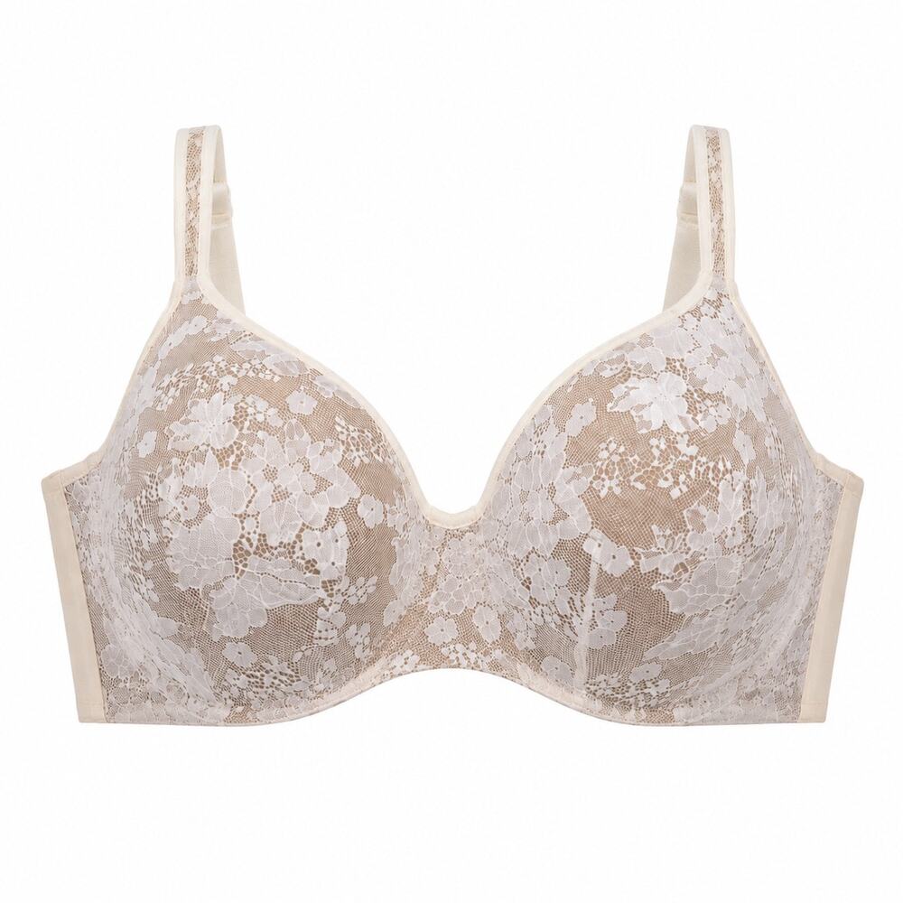 Cacique 46D White Floral Lace Balconette Bra Beige Lined Wide Band Underwire